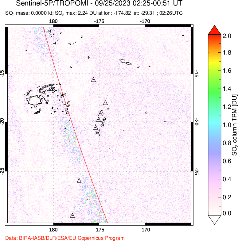 A sulfur dioxide image over Tonga, South Pacific on Sep 25, 2023.