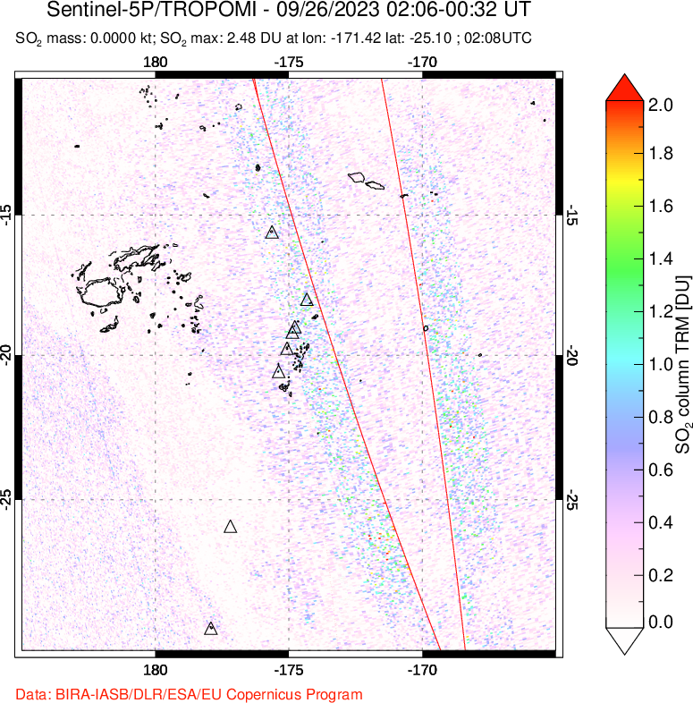 A sulfur dioxide image over Tonga, South Pacific on Sep 26, 2023.