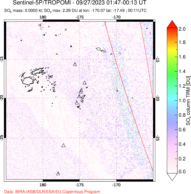 A sulfur dioxide image over Tonga, South Pacific on Sep 27, 2023.