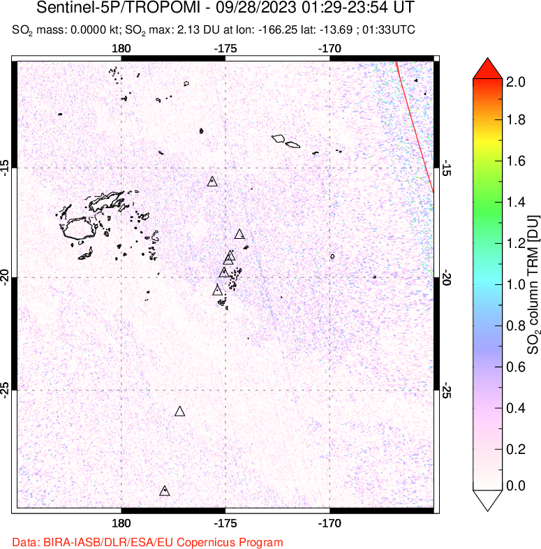 A sulfur dioxide image over Tonga, South Pacific on Sep 28, 2023.