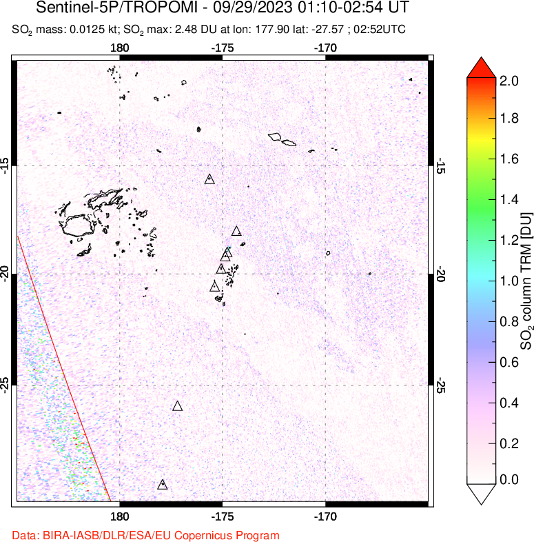 A sulfur dioxide image over Tonga, South Pacific on Sep 29, 2023.