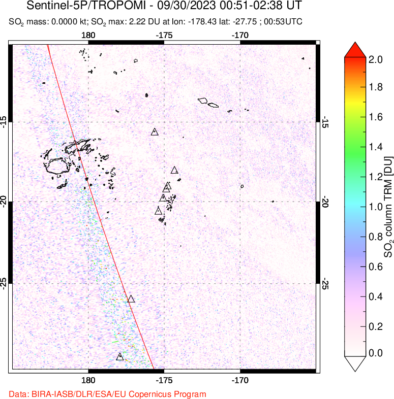 A sulfur dioxide image over Tonga, South Pacific on Sep 30, 2023.