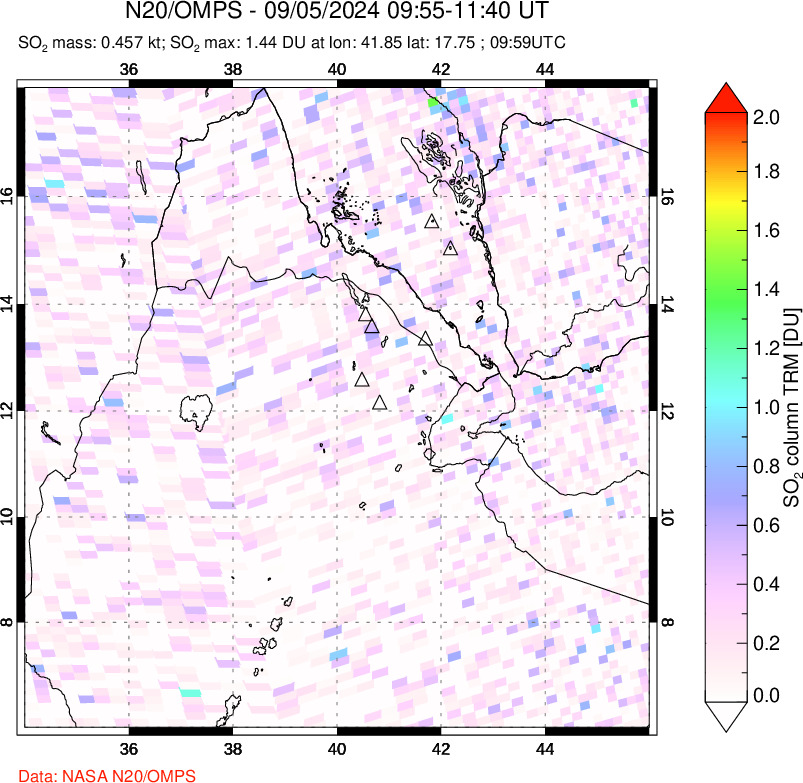 A sulfur dioxide image over Afar and southern Red Sea on Sep 05, 2024.