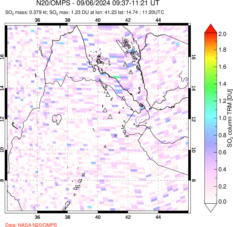 A sulfur dioxide image over Afar and southern Red Sea on Sep 06, 2024.