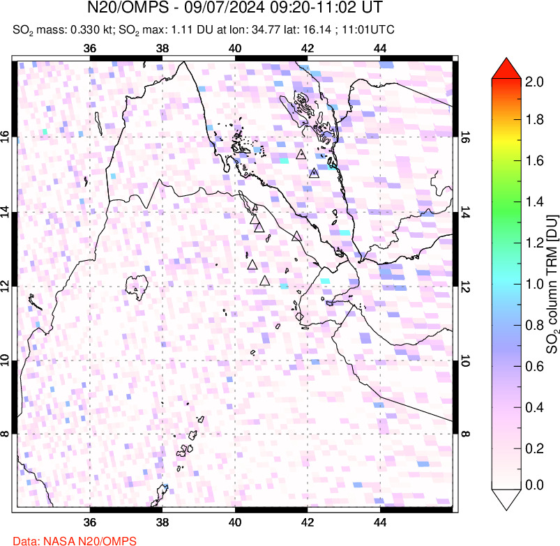 A sulfur dioxide image over Afar and southern Red Sea on Sep 07, 2024.