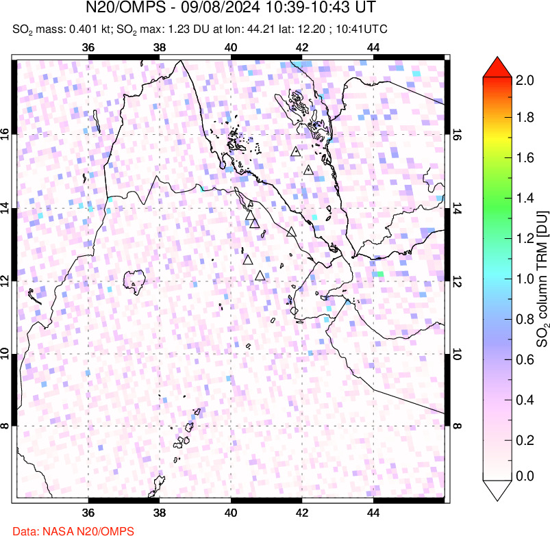 A sulfur dioxide image over Afar and southern Red Sea on Sep 08, 2024.