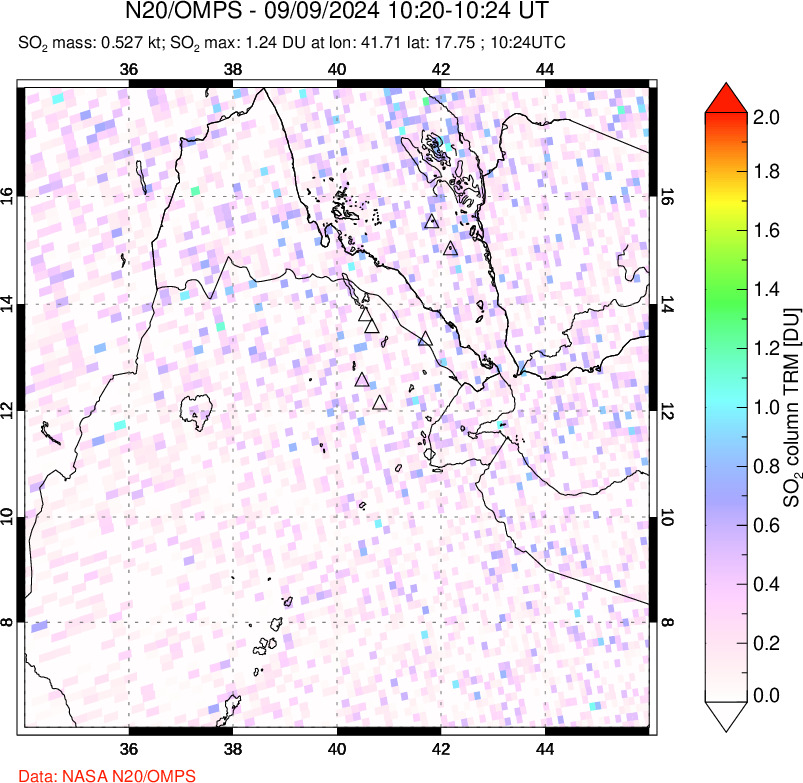 A sulfur dioxide image over Afar and southern Red Sea on Sep 09, 2024.