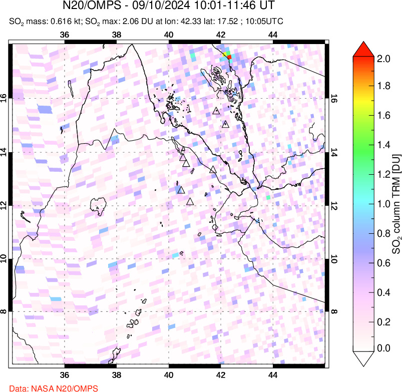 A sulfur dioxide image over Afar and southern Red Sea on Sep 10, 2024.