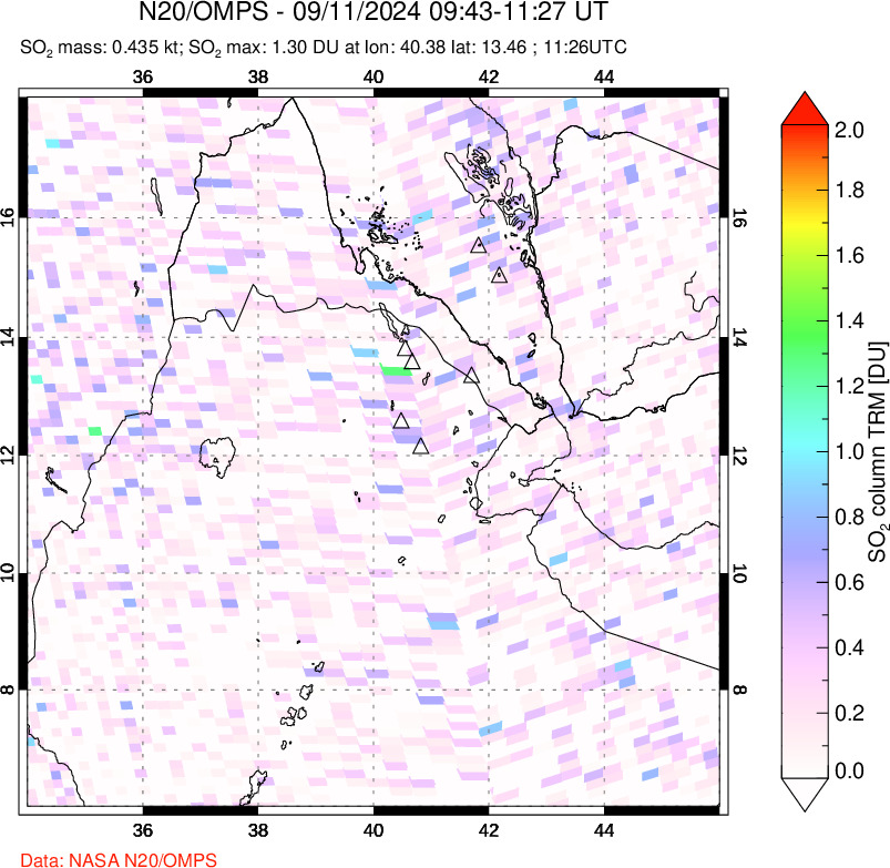 A sulfur dioxide image over Afar and southern Red Sea on Sep 11, 2024.