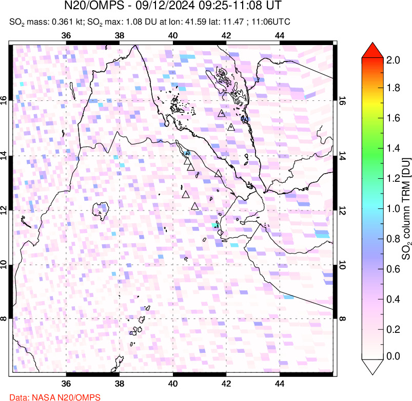 A sulfur dioxide image over Afar and southern Red Sea on Sep 12, 2024.