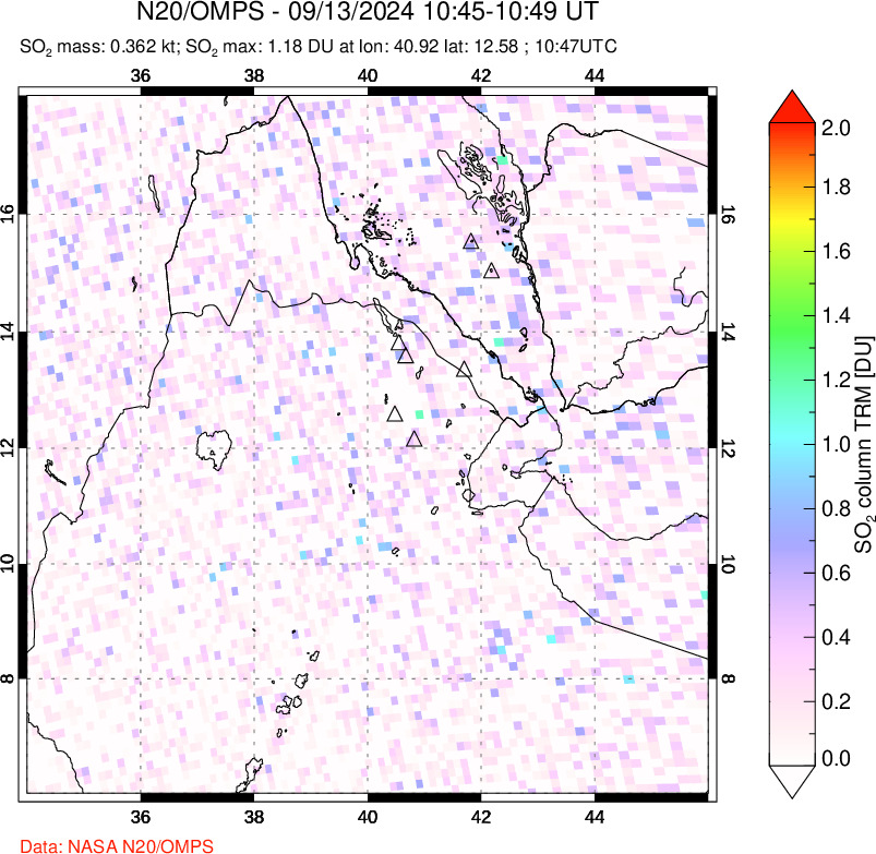 A sulfur dioxide image over Afar and southern Red Sea on Sep 13, 2024.