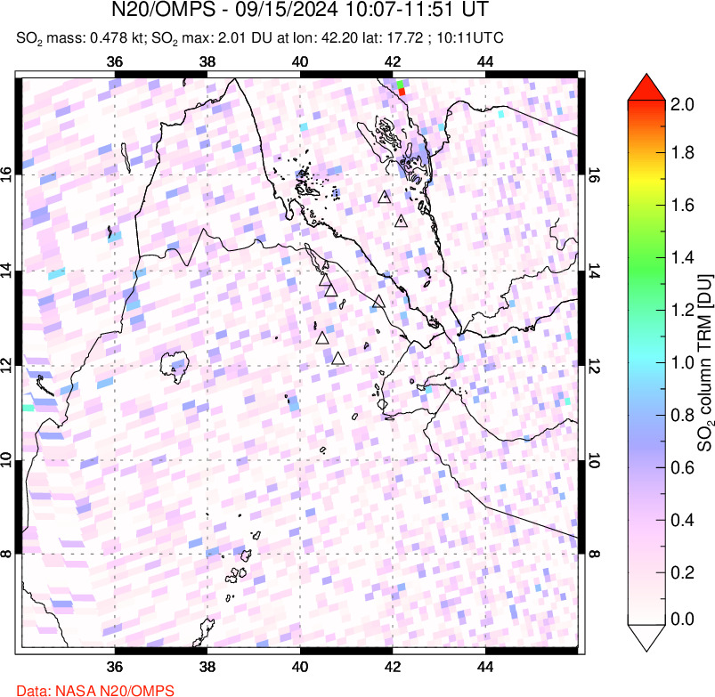 A sulfur dioxide image over Afar and southern Red Sea on Sep 15, 2024.