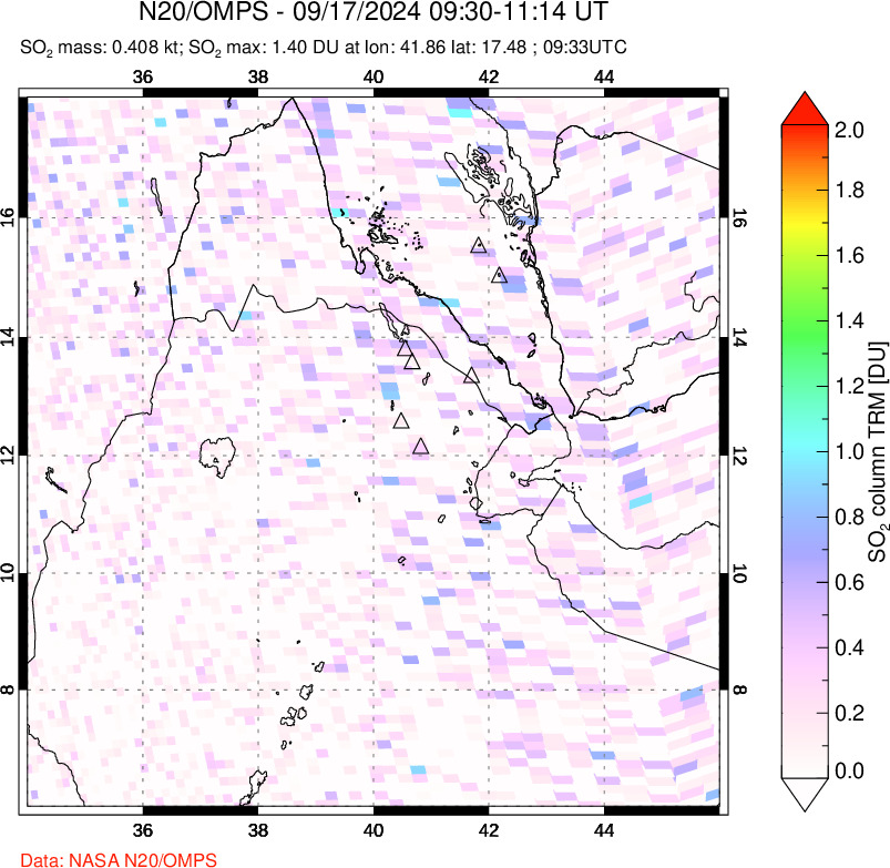 A sulfur dioxide image over Afar and southern Red Sea on Sep 17, 2024.