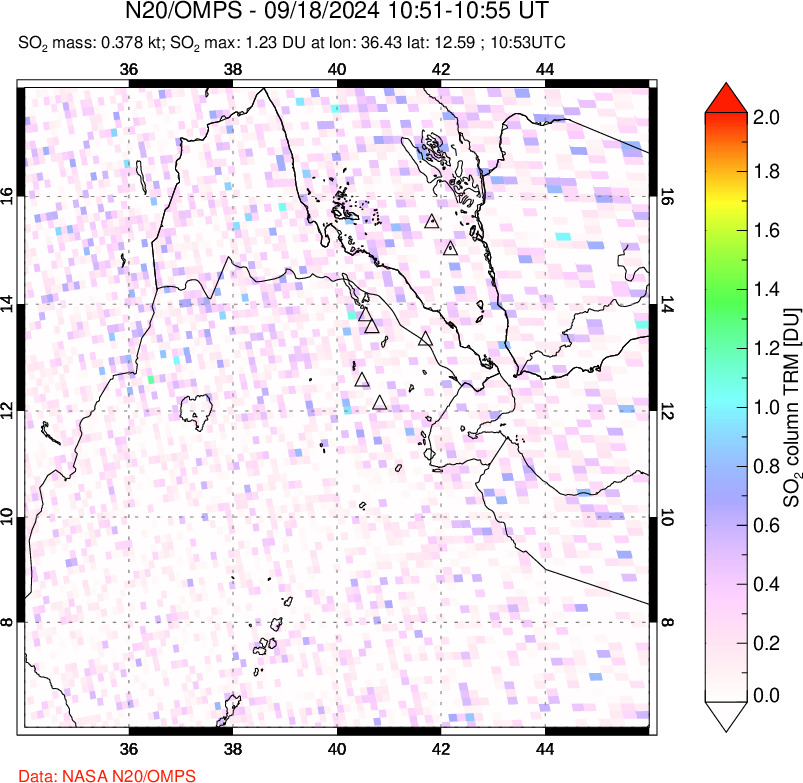 A sulfur dioxide image over Afar and southern Red Sea on Sep 18, 2024.