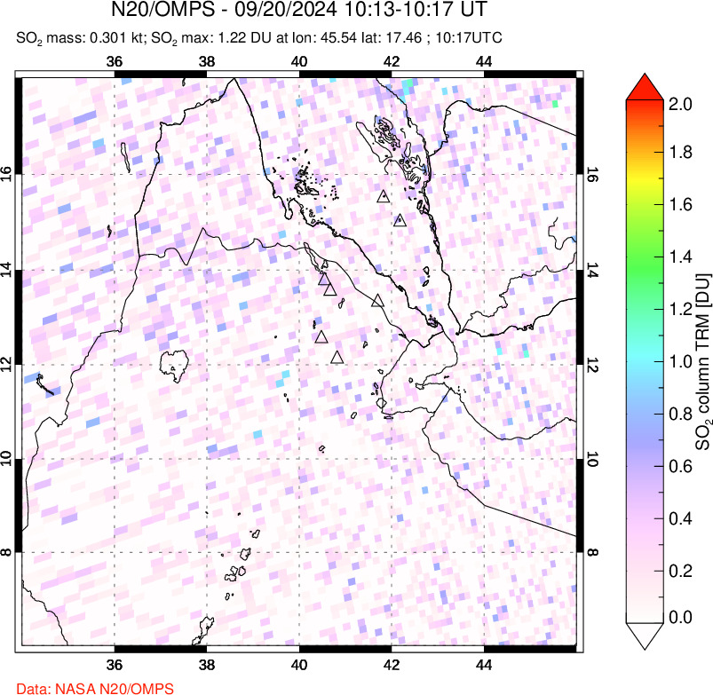 A sulfur dioxide image over Afar and southern Red Sea on Sep 20, 2024.