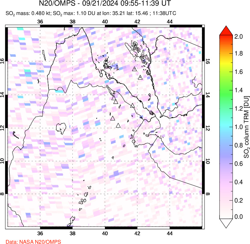 A sulfur dioxide image over Afar and southern Red Sea on Sep 21, 2024.