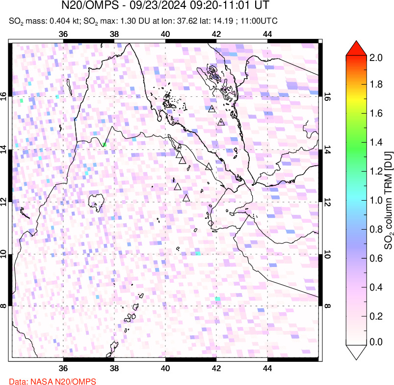 A sulfur dioxide image over Afar and southern Red Sea on Sep 23, 2024.