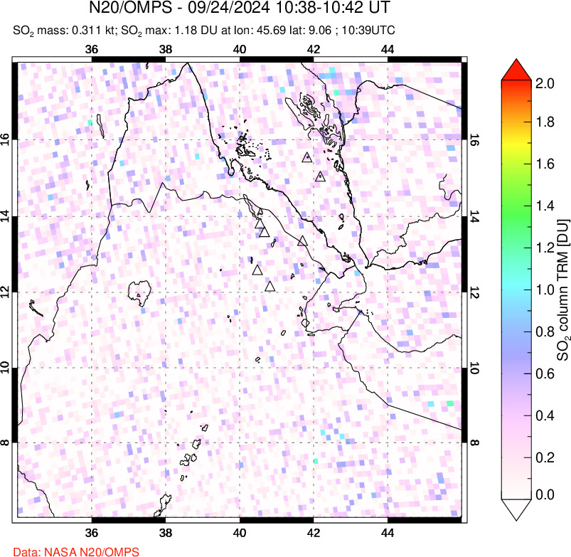 A sulfur dioxide image over Afar and southern Red Sea on Sep 24, 2024.