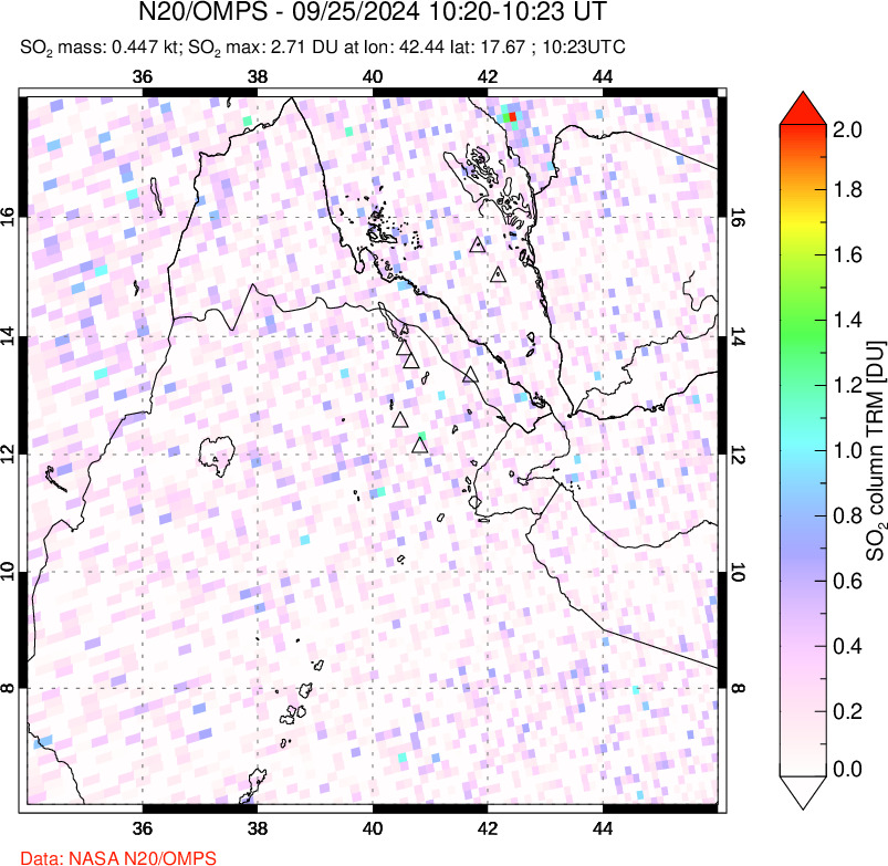 A sulfur dioxide image over Afar and southern Red Sea on Sep 25, 2024.