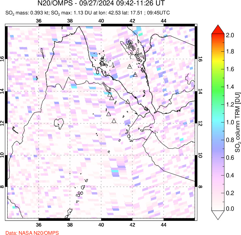 A sulfur dioxide image over Afar and southern Red Sea on Sep 27, 2024.