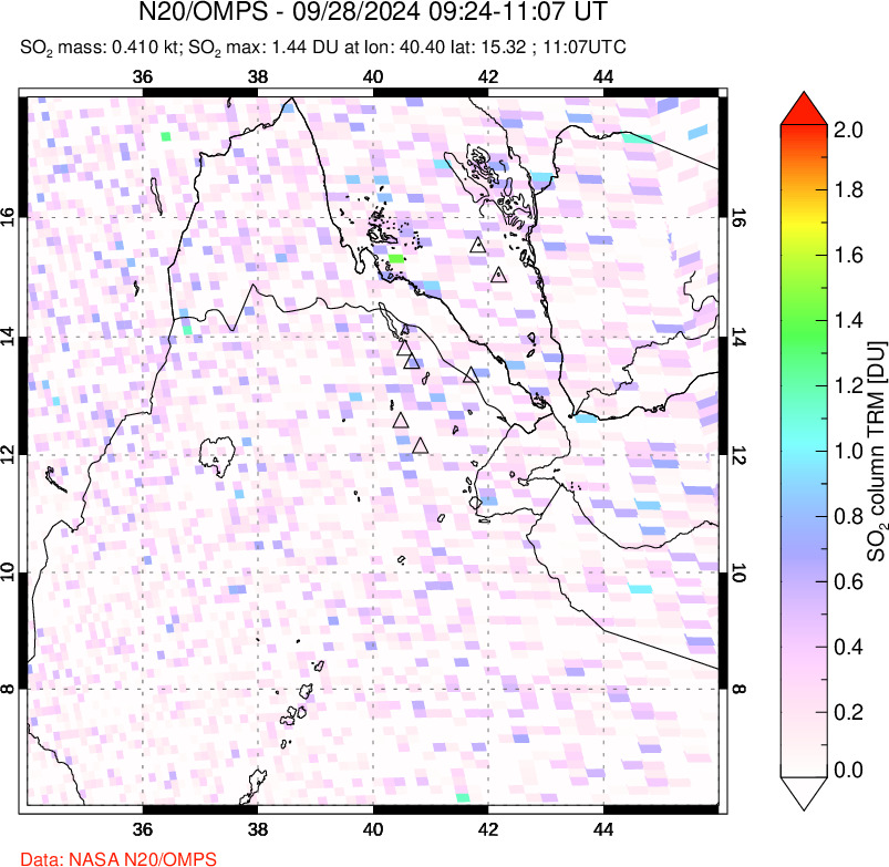 A sulfur dioxide image over Afar and southern Red Sea on Sep 28, 2024.