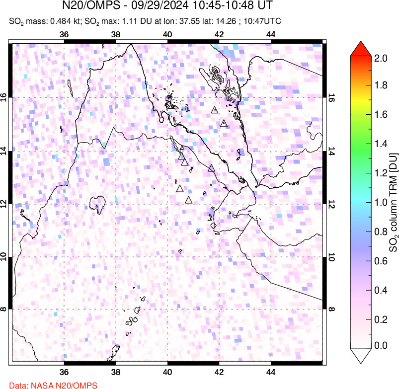 A sulfur dioxide image over Afar and southern Red Sea on Sep 29, 2024.