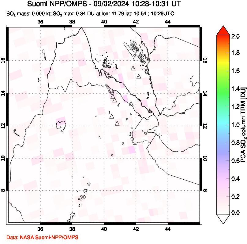 A sulfur dioxide image over Afar and southern Red Sea on Sep 02, 2024.