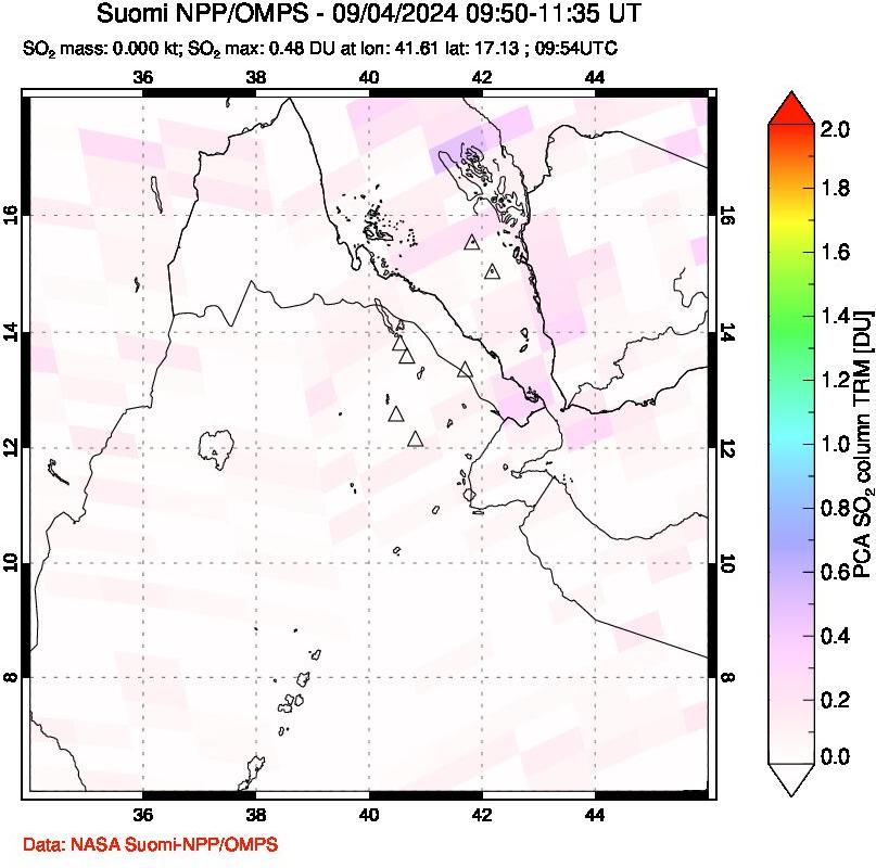 A sulfur dioxide image over Afar and southern Red Sea on Sep 04, 2024.