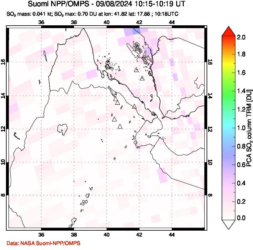 A sulfur dioxide image over Afar and southern Red Sea on Sep 08, 2024.