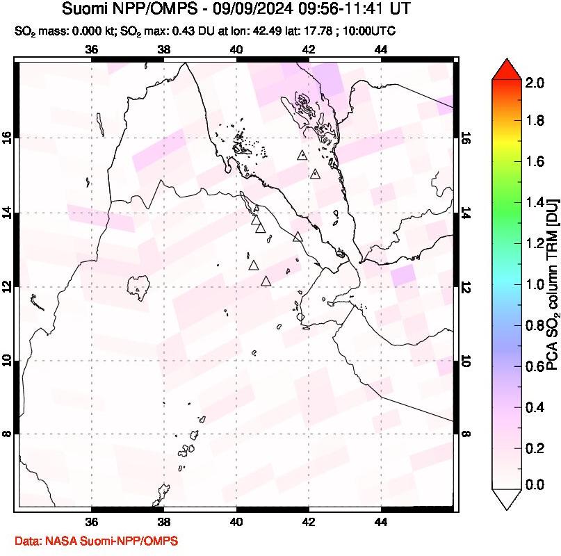 A sulfur dioxide image over Afar and southern Red Sea on Sep 09, 2024.