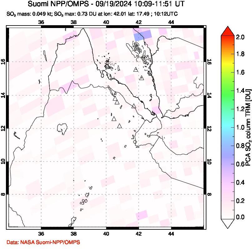 A sulfur dioxide image over Afar and southern Red Sea on Sep 19, 2024.