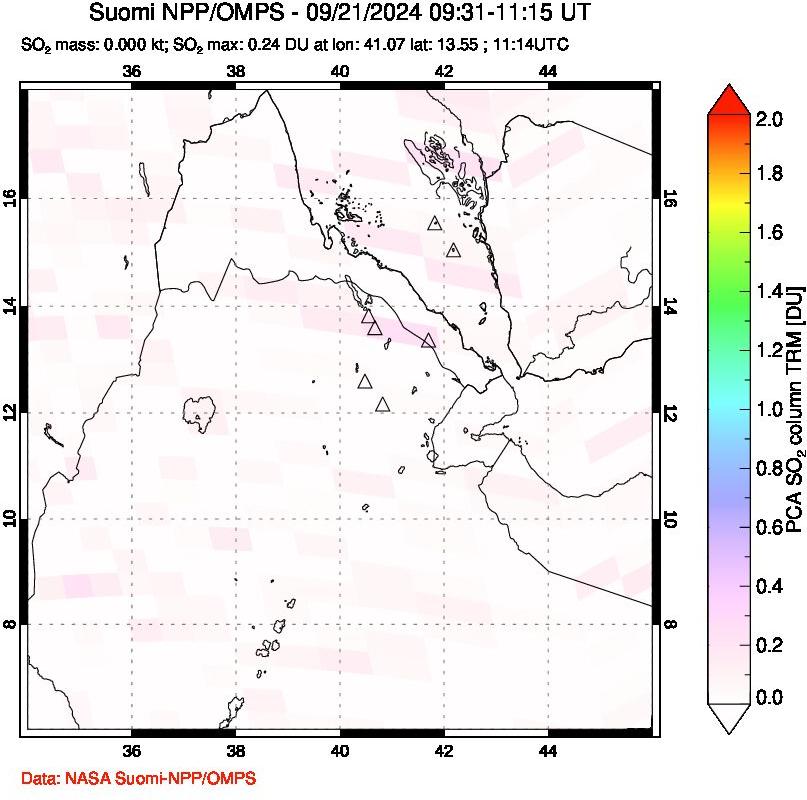 A sulfur dioxide image over Afar and southern Red Sea on Sep 21, 2024.