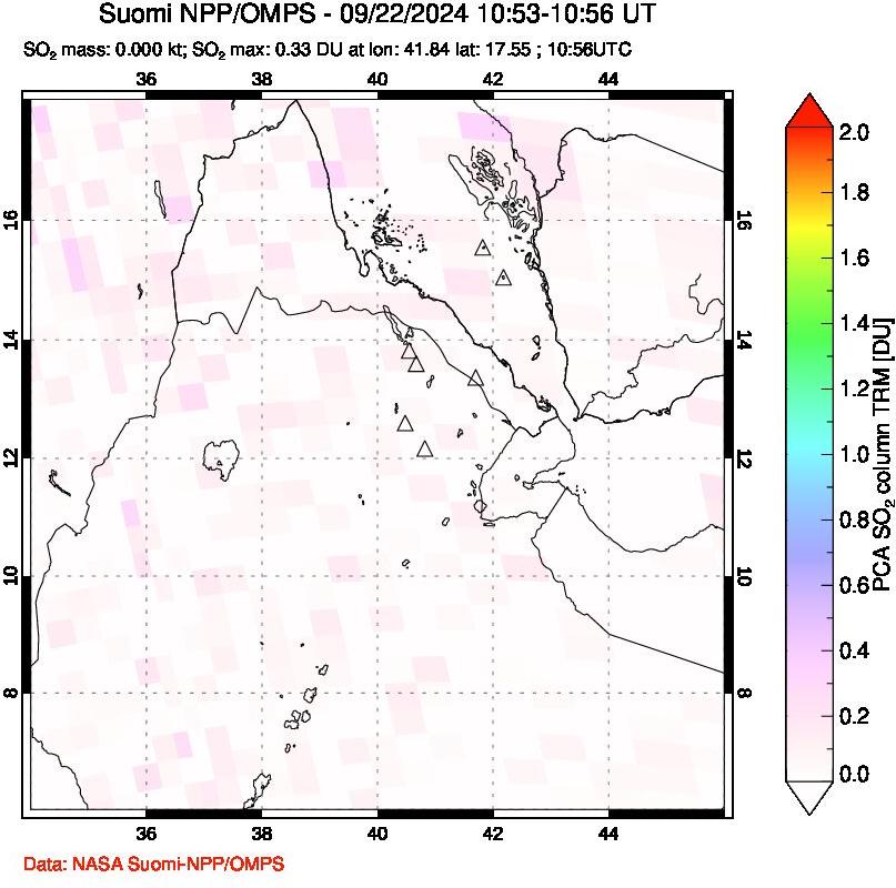 A sulfur dioxide image over Afar and southern Red Sea on Sep 22, 2024.