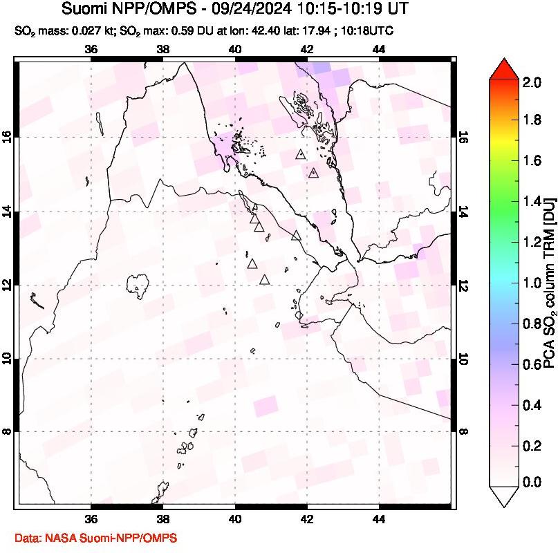 A sulfur dioxide image over Afar and southern Red Sea on Sep 24, 2024.