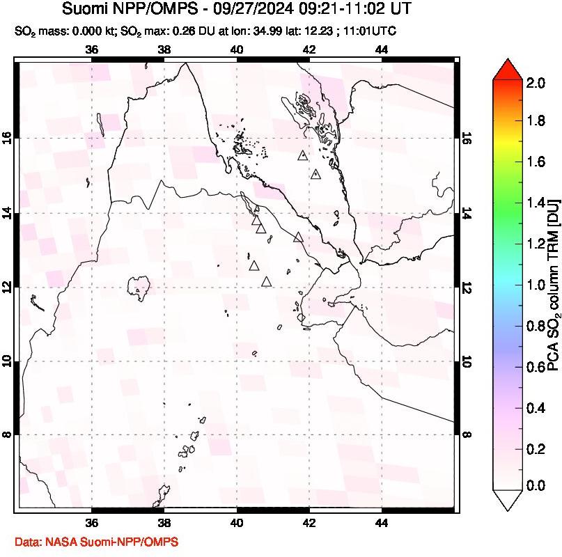 A sulfur dioxide image over Afar and southern Red Sea on Sep 27, 2024.