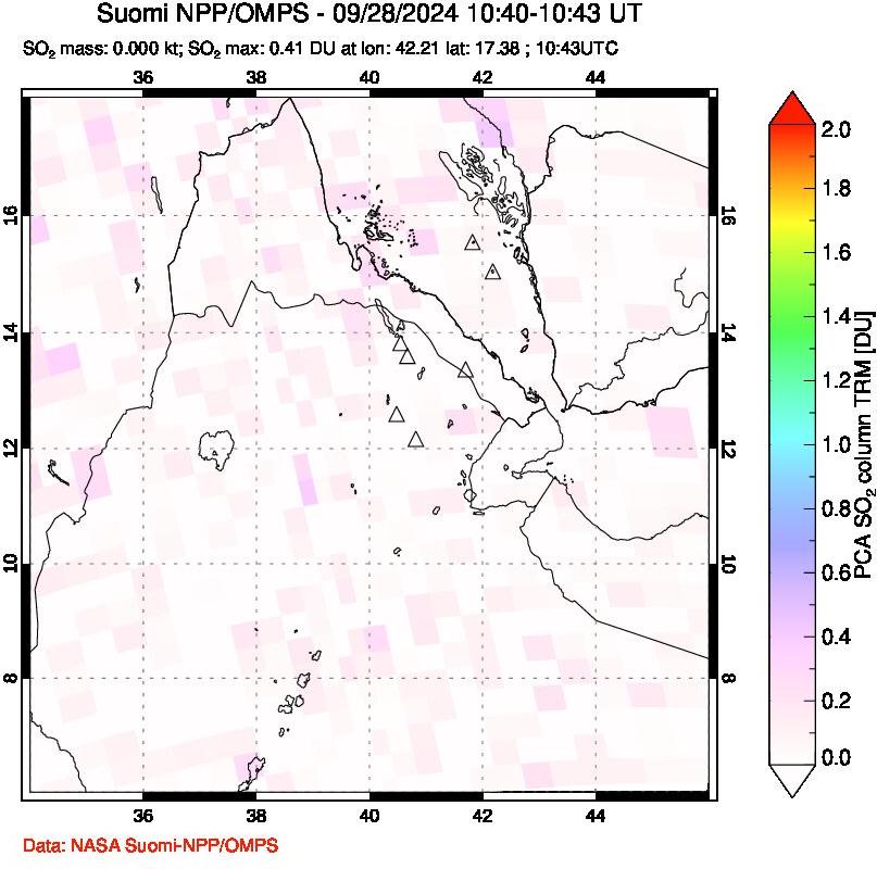 A sulfur dioxide image over Afar and southern Red Sea on Sep 28, 2024.