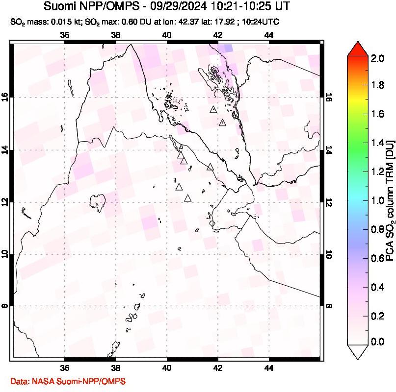 A sulfur dioxide image over Afar and southern Red Sea on Sep 29, 2024.