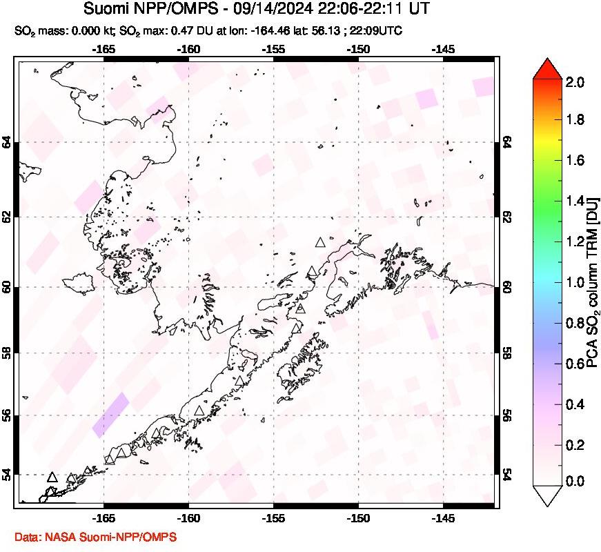 A sulfur dioxide image over Alaska, USA on Sep 14, 2024.