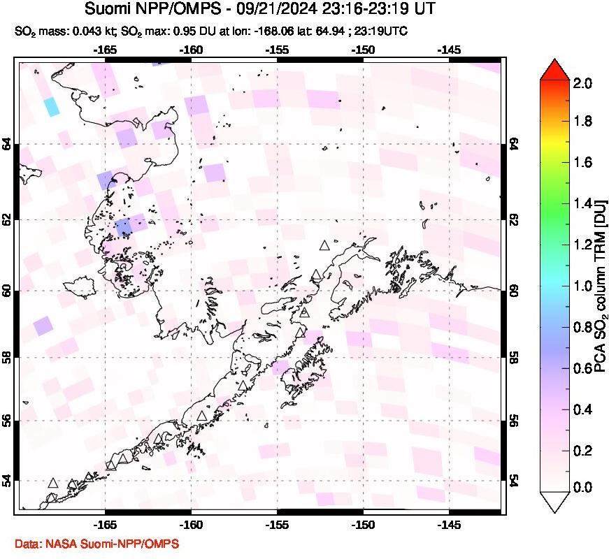 A sulfur dioxide image over Alaska, USA on Sep 21, 2024.