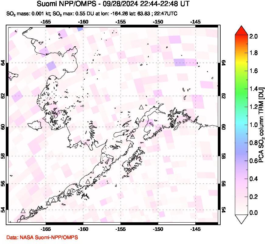 A sulfur dioxide image over Alaska, USA on Sep 28, 2024.