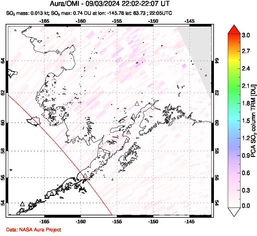 A sulfur dioxide image over Alaska, USA on Sep 03, 2024.