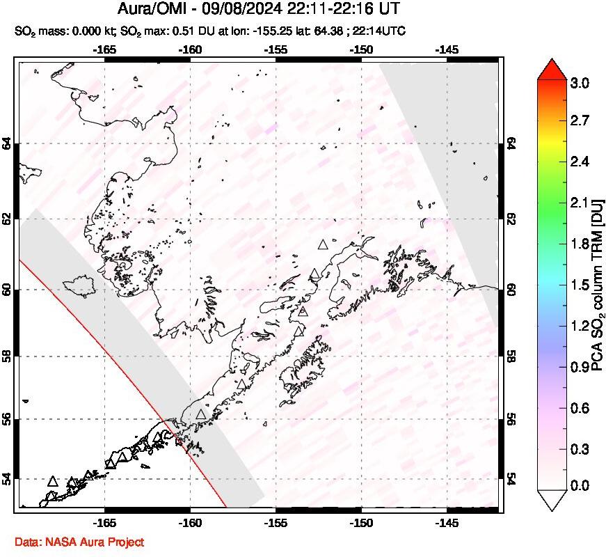 A sulfur dioxide image over Alaska, USA on Sep 08, 2024.