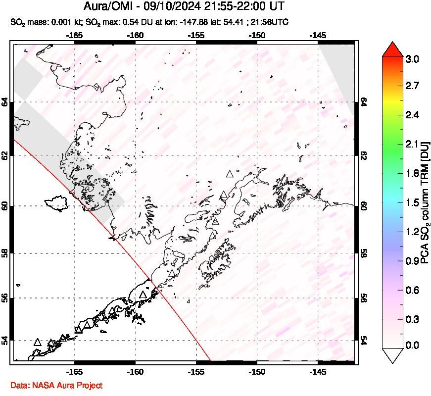 A sulfur dioxide image over Alaska, USA on Sep 10, 2024.