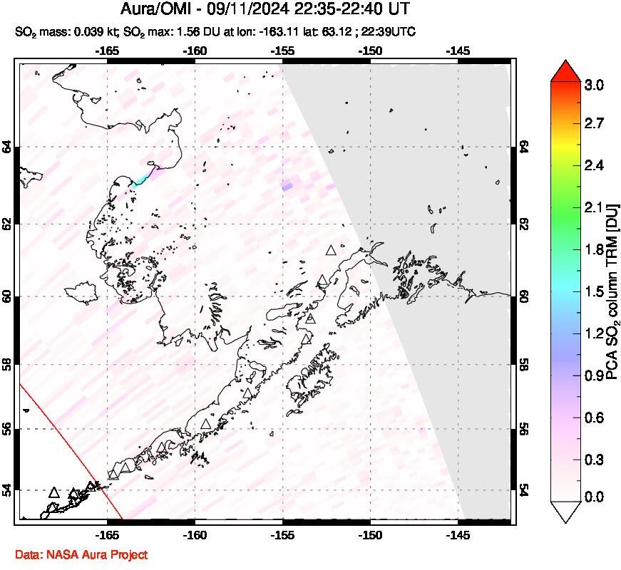 A sulfur dioxide image over Alaska, USA on Sep 11, 2024.