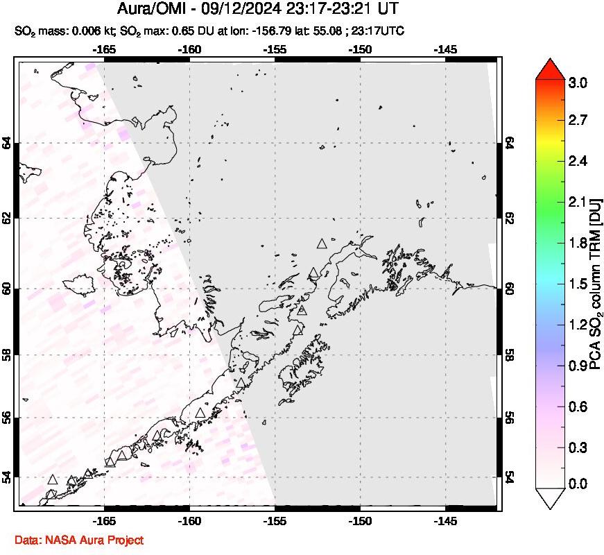 A sulfur dioxide image over Alaska, USA on Sep 12, 2024.