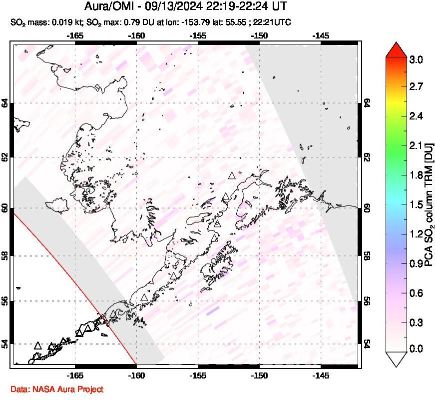 A sulfur dioxide image over Alaska, USA on Sep 13, 2024.