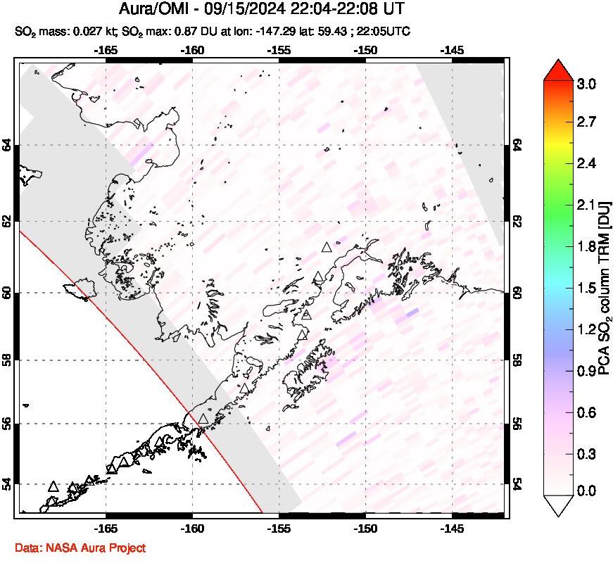 A sulfur dioxide image over Alaska, USA on Sep 15, 2024.