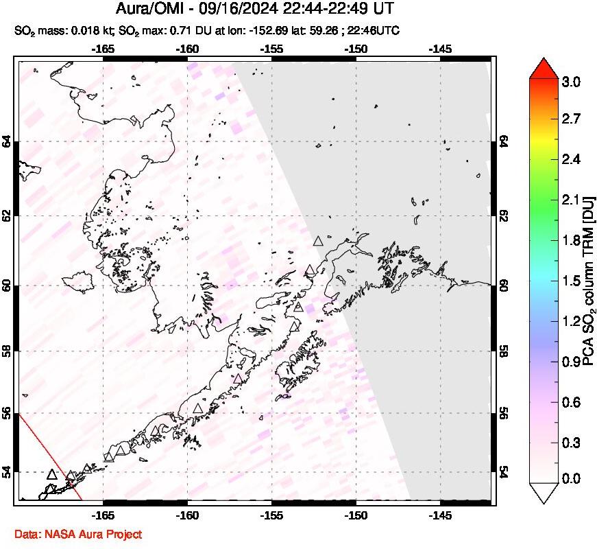 A sulfur dioxide image over Alaska, USA on Sep 16, 2024.