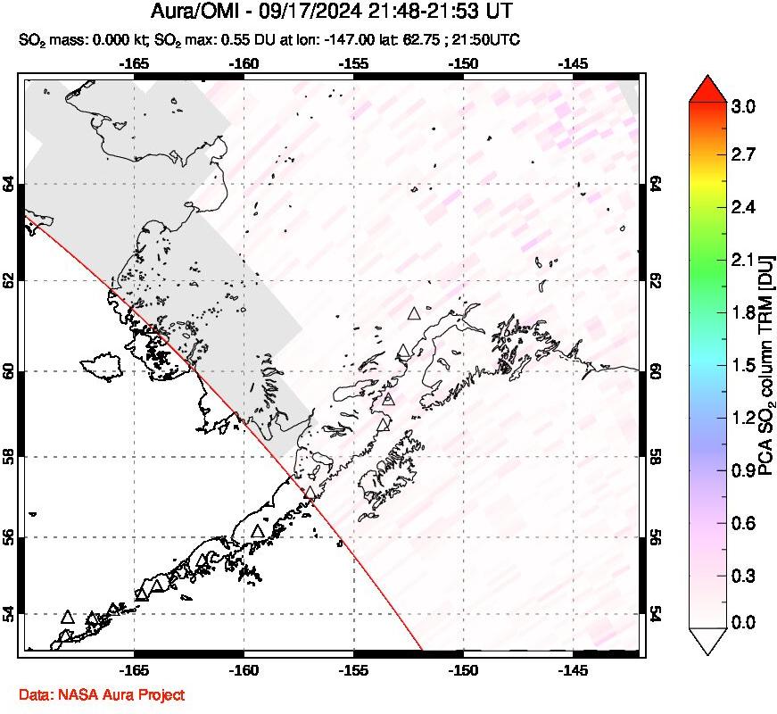 A sulfur dioxide image over Alaska, USA on Sep 17, 2024.