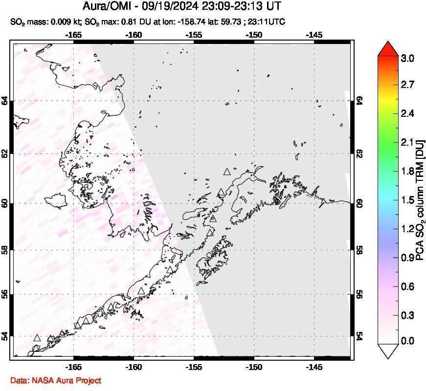 A sulfur dioxide image over Alaska, USA on Sep 19, 2024.